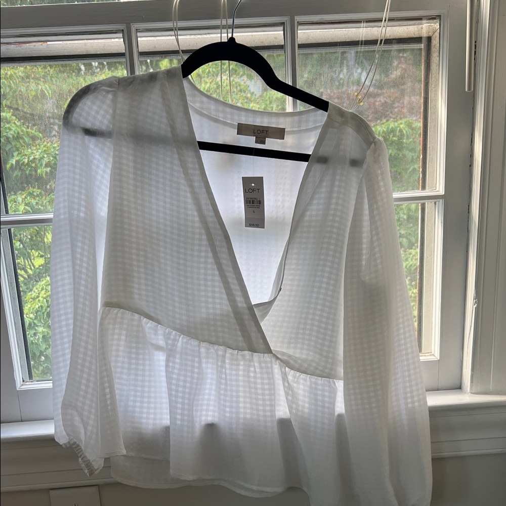 LOFT White Checkered Sheer Top